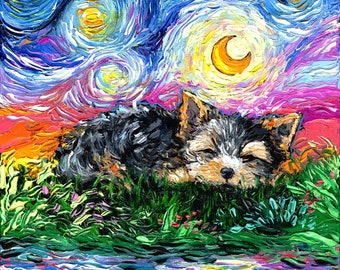 Sleeping Yorkie Yorkshire Terrier Puppy Art - Starry Night Art Print by Aja choose size and paper contemporary colorful pet memorial artwork