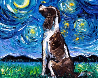 English Springer Spaniel Art - Starry Night Art Print by Aja 8x8, 10x10, 12x12, 20x20, and 24x24 inches choose size pet artwork cute  pup