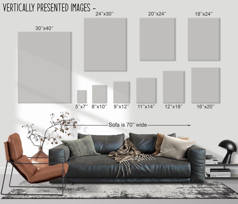 May include: A diagram showing different sizes of framed artwork, with measurements in inches, displayed above a black leather sofa and a brown leather armchair. The text "Sofa is 70" wide" is below the artwork.