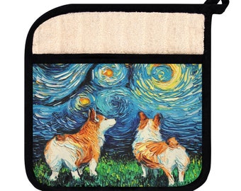 Pot Holder with Pocket - Corgi Butts Starry Night Dog Kitchen Hot Pad Potholder Cooking Kitchen Accessories Art by Aja