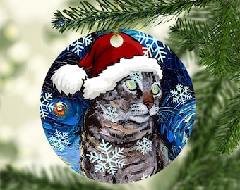 Tabby Cat Christmas Ornament Starry Night Holiday Tree Cat Lover Gift Heirloom Keepsake Ceramic Christmas Decoration Cat In Santa Hat