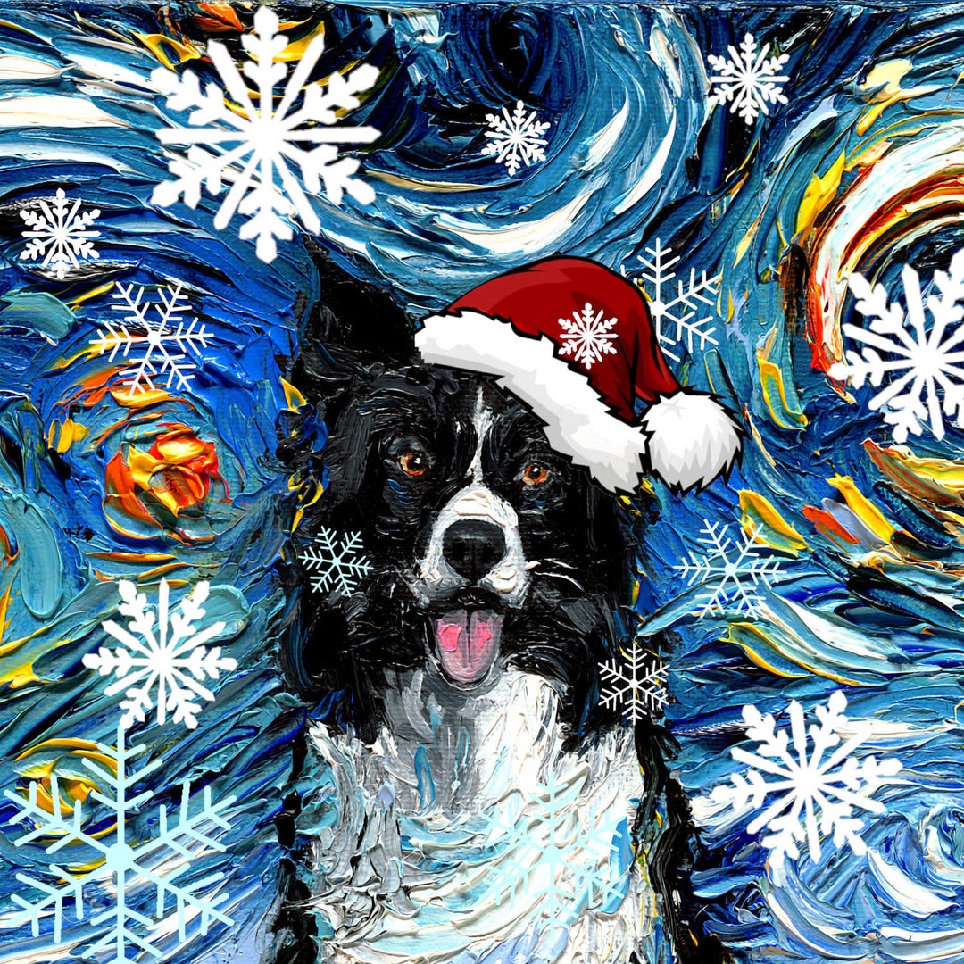 Digital Download of Border Collie Dog in Santa Hat Starry Night Art by ...