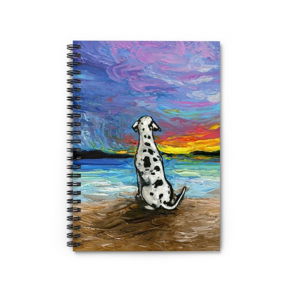 Spiral Notebook - Ruled Line Beach Days - Dalmatian Ocean Coastal Sunset Dog 8x6x.6 inch Journal Stationary Art by Aja Free US Shipping