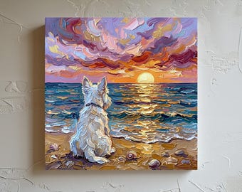 White Scottish Terrier Art Print Beach Home Decor Paper or Canvas