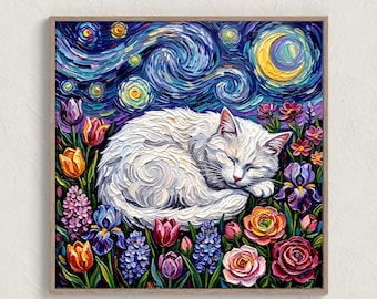 White Cat Floral Art Print Starry Night Home Decor Paper or Canvas
