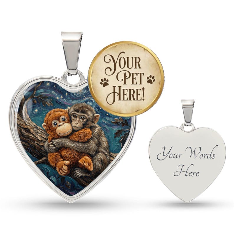 Custom Pet Portrait on a Heart Shaped Necklace by artist Aja Trier of Sagittarius Gallery choose from gold and surgical steel and even choose to have the back engraved!