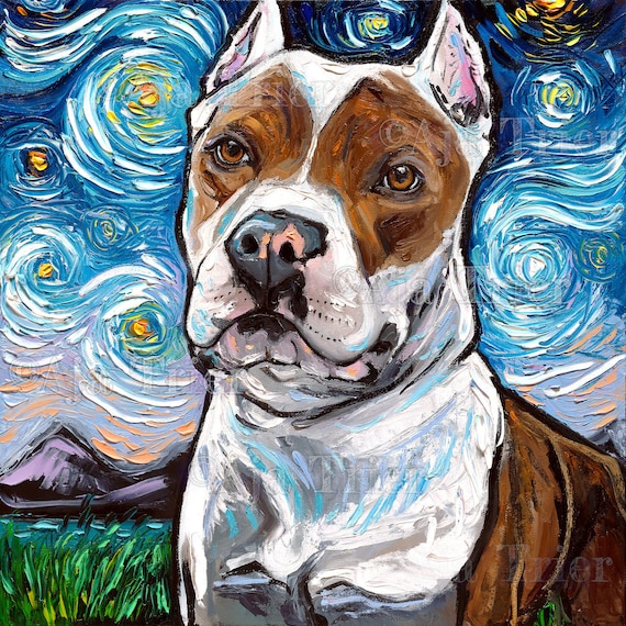 絵画 PITBULL  27x51cm Pitbull Portrait Art Starry Night Art Print Dog Picture by Aja