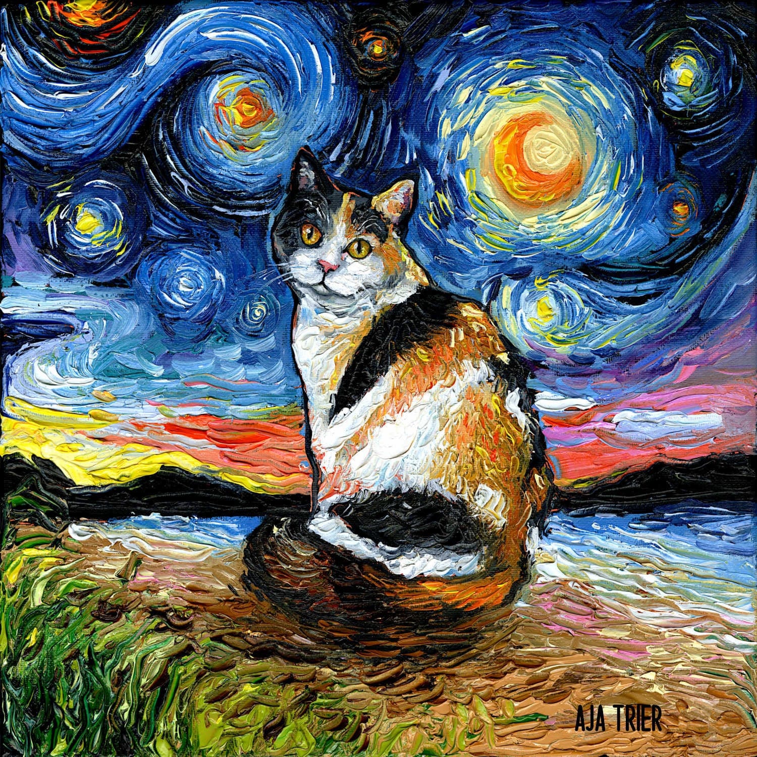 Calico Cat Starry Night Art Print Picture by Aja Choose Size Photo