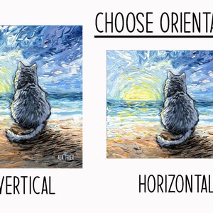Nebelung Cat Sunset Beach Art Print by artist Aja Trier of Sagittarius Gallery