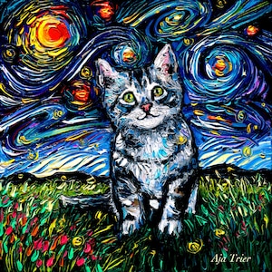 Gray Tabby Kitten Cat Starry Night Art Print picture by Aja choose size and type of paper - Photo Paper or Watercolor Paper home decor