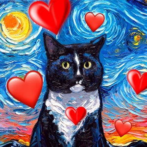 Téléchargement numérique Tuxedo Cat et coeurs Saint-Valentin nuit étoilée par Aja PNG pour imprimer vos propres cartes de voeux, cadeaux de la Saint-Valentin