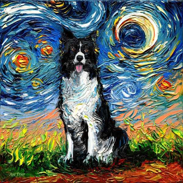 Border Collie Starry Night dog Art CANVAS print by Aja choose canine cute pup animal artwork black and white dog home decor wall art