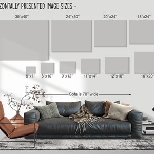 May include: A diagram showing different sizes of horizontally presented images, with a sofa that is 70 inches wide, to help you visualize how the images would look on a wall.