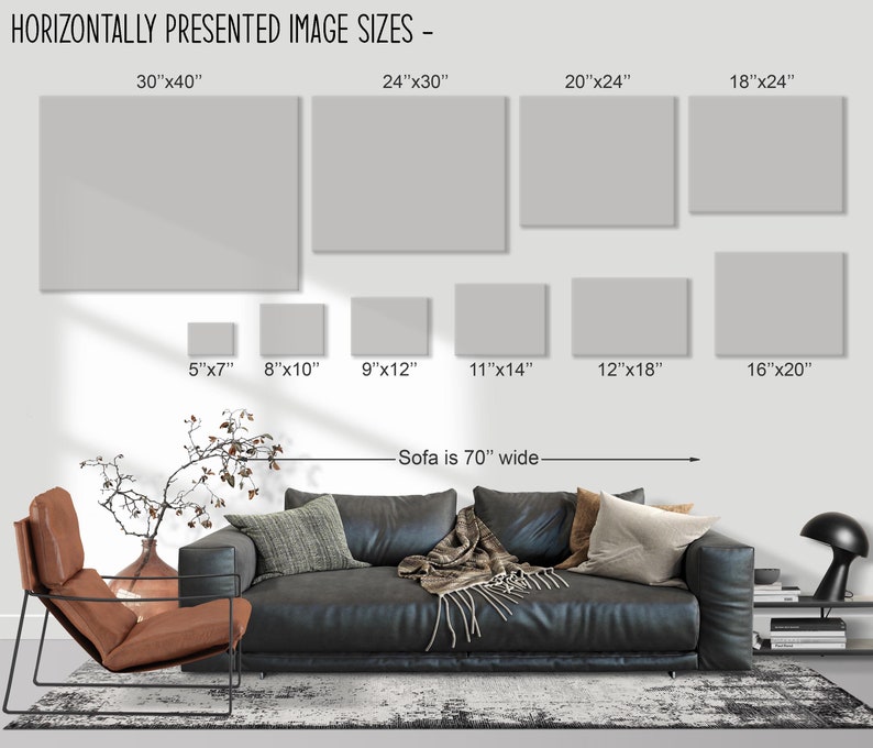 May include: A diagram showing different sizes of horizontally presented images, with a sofa that is 70 inches wide, to help you visualize how the images would look on a wall.