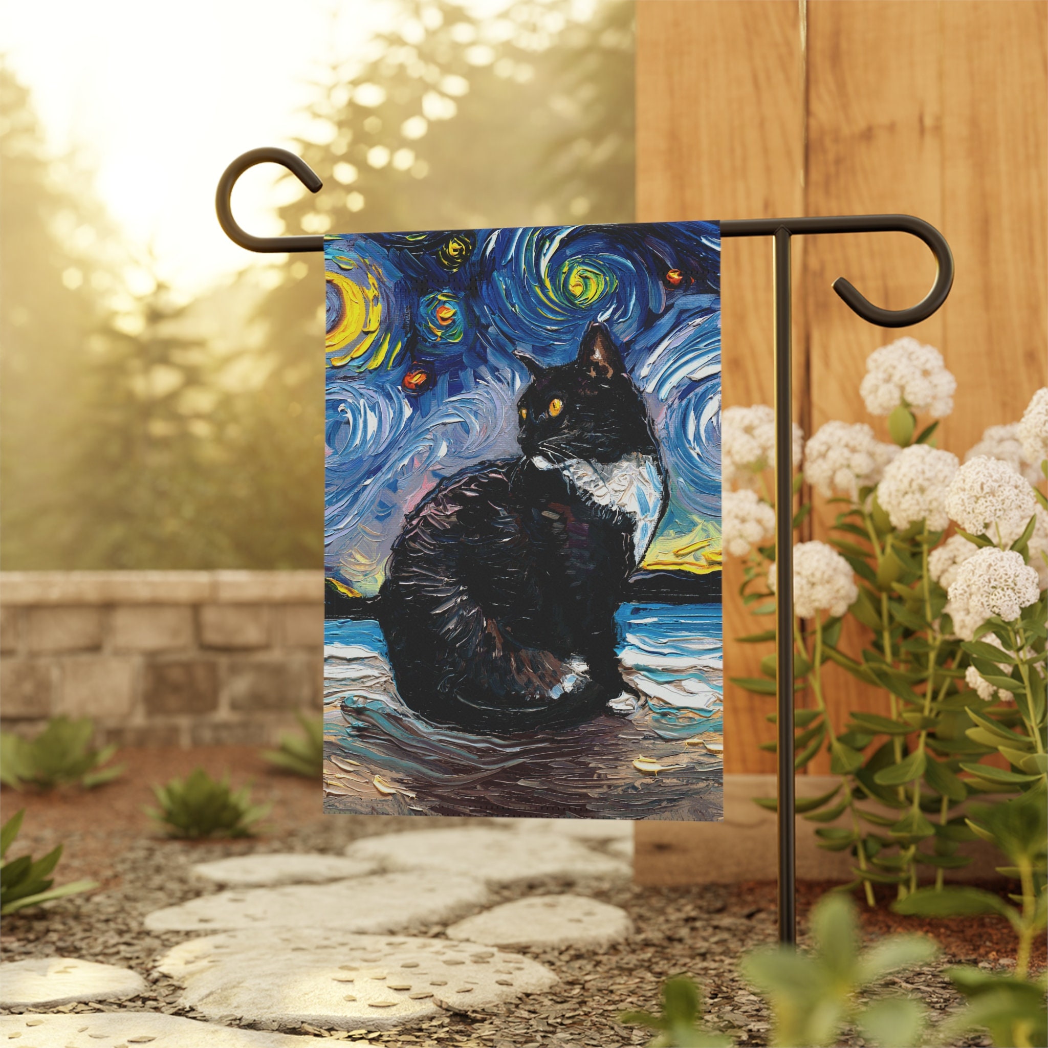 Tuxedo Cat with yellow eyes On Beach Starry Night Yard and Garden Flags Double Sided Printing Art By Aja Outdoor Decor Lawn Garden Decoration