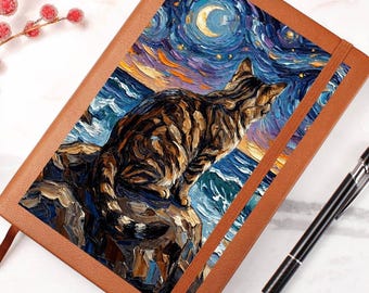 Tabby Cat Leather Journal Starry Night Diary Cat at the Beach Book