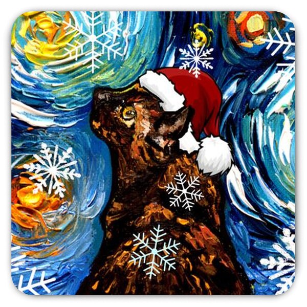 Magnet - Tortoiseshell Cat In Santa Hat Starry Night Art By Aja Christmas Stocking Stuffer Holiday Gift Cute Tortie Kitty Artwork