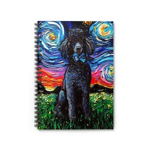 May include: A black standard poodle with a blue bow tie is painted in a colorful, abstract style reminiscent of Vincent van Gogh's "Starry Night".