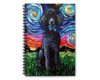 Spiral Notebook - Ruled Line Black Standard Poodle Starry Night Dog 8x6x.6 inch Journal Stationary Art by Aja Free US Shipping