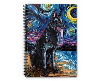 Spiral Notebook  Ruled Line Beach Day Black German Shepherd Dog 8x6x.6 inch Journal Stationary Art by Aja Free US Shipping