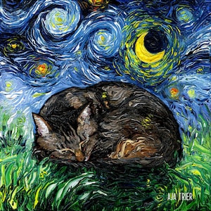 Sleeping Brown Tabby Cat Starry Night Art Print picture by Aja choose size, Photo Paper Watercolor Paper artwork home decor pet kitty moon