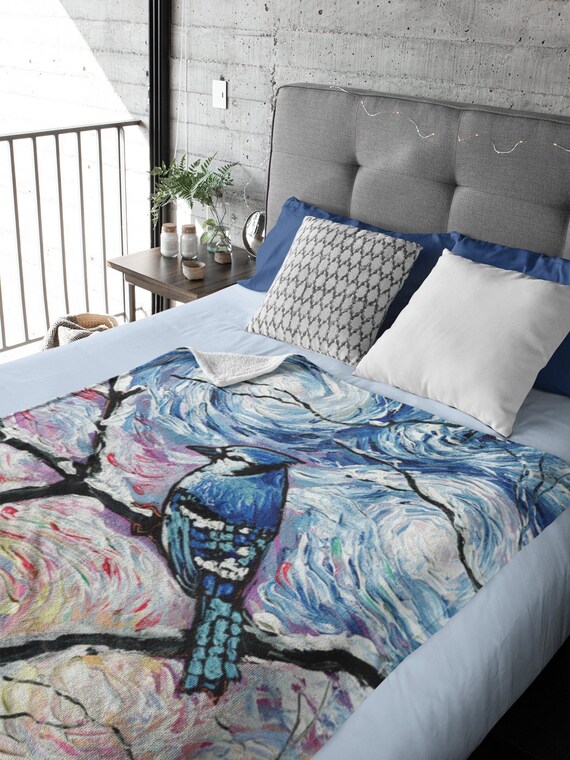 Minky Blanket Blue Jay Winter Bird Throw Blanket Seasonal Home Decor Bird Lover Gift 3 sizes Bedding Velveteen Corvid Blankie Cottagecore