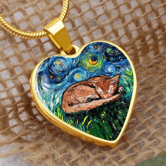 Abyssinian Cat Necklace: Starry Night Heart Pendant, Engraved Pet