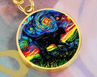 Black Cat Starry Night Keychain, Engraved Pet Memorial Gift