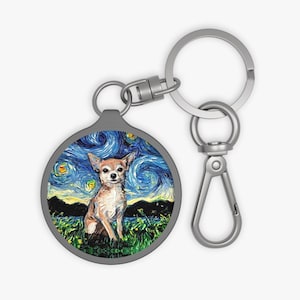 Keyring Tag - Tan Chihuahua Starry Night Dog Key Chain Keychain School Bag Tag Pet Charm Art by Aja