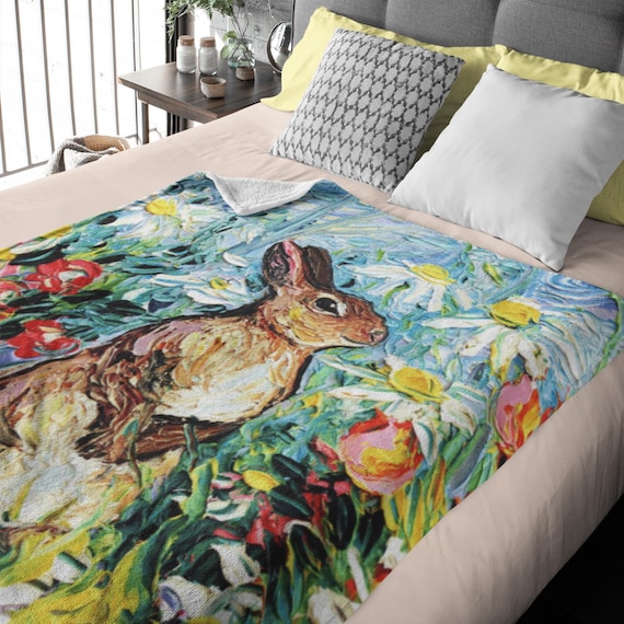 Easter Blanket Cute Bunny Home Decor Brown Rabbit Minky Blanket Spring Decoration Soft Blankie Kids Room Flowers Garden Animal Lover Gift