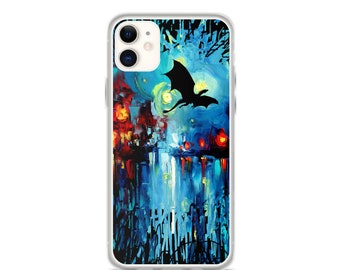 Flight of the Dragon Silhouette iPhone Case colorful Phone Protector Fantasy Flying Wyvern mythical creature Art by Aja