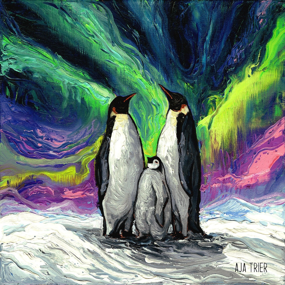Penguin Family Northern Lights Aurora Art CANVAS Print Ready to