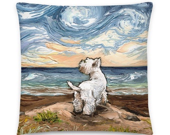 Basic Throw Pillow Westie at the Beach Dog Art by Aja 16x16 or 20x20 inches stuffed Accent pillow Home Decor Coastal Beach Ocean Artwork