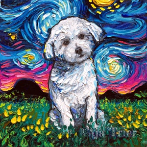 Maltese Art Starry Night Art Print dog lover gift cute art pup puppy by Aja choose size and type of paper