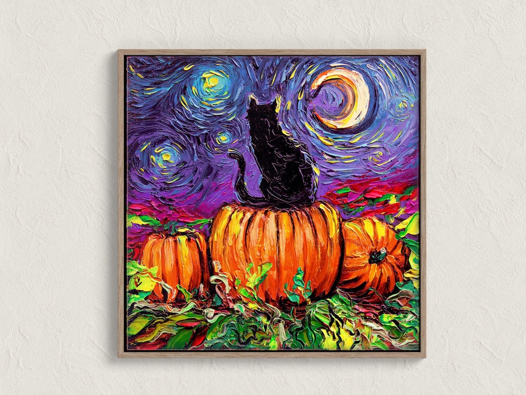 Black Cat Pumpkin Patch Starry Night Painting Print Seasonal Autumn Black Cat Pumpkin Patch Starry Night Painting Print Seasonal Autumn
