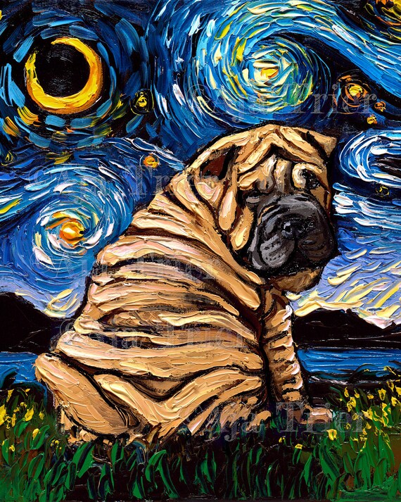 Shar Pei Puppy Art Starry Night Art Print dog picture by Aja choose size or Photo Paper Watercolor Paper