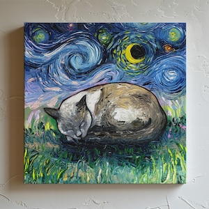 Cat Starry Night Painting Canvas Print | Sleeping Siamese Cat | Cat Lover Gift | Starry Cat Print | Gallery Wall Art | Impressionist Cat