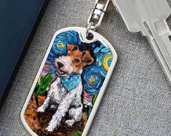 Llavero de Fox Terrier de pelo duro: Placa de identificación para perro "Noche estrellada", recuerdo personalizado para mascotas