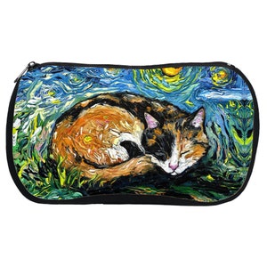 Sleeping Calico Cat Starry Night Art Cosmetic Bag Neoprene Rubber Colorful Makeup Pouch Travel Bag Art By Aja Artwork Gift