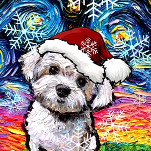 Download digital do meu Maltipoo Maltês com chapéu de Papai Noel, arte Noite Estrelada por Aja Arquivo PNG imprima seu próprio enfeite de Natal / cartão de felicitações