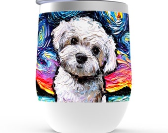 Maltipoo Starry Night Dog Stemless Wine Tumblers Cup With Lid Unique Gift Barware Wine Glass Cute Maltese Poodle Mix