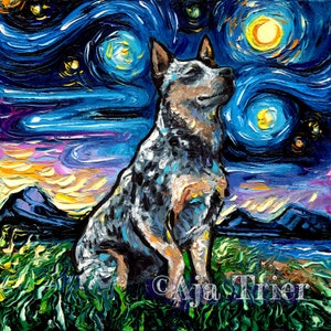 Blue Heeler Australian Cattle Dog Art Starry Night Art Print dog lover gift art by Aja choose size and type of paper wall home decor