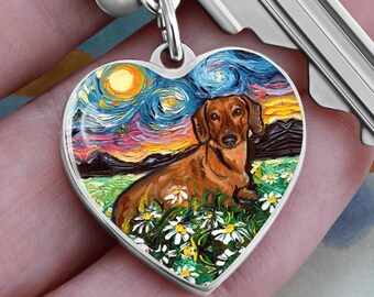 Dackel Schlüsselanhänger - Personalisierte Sternennacht Hund und Blumen Schlüsselanhänger