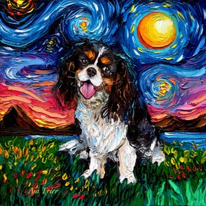 Tri Color Cavalier King Charles Spaniel Art CANVAS print Starry Night Ready to Hang wall decor artwork by Aja animal sunset