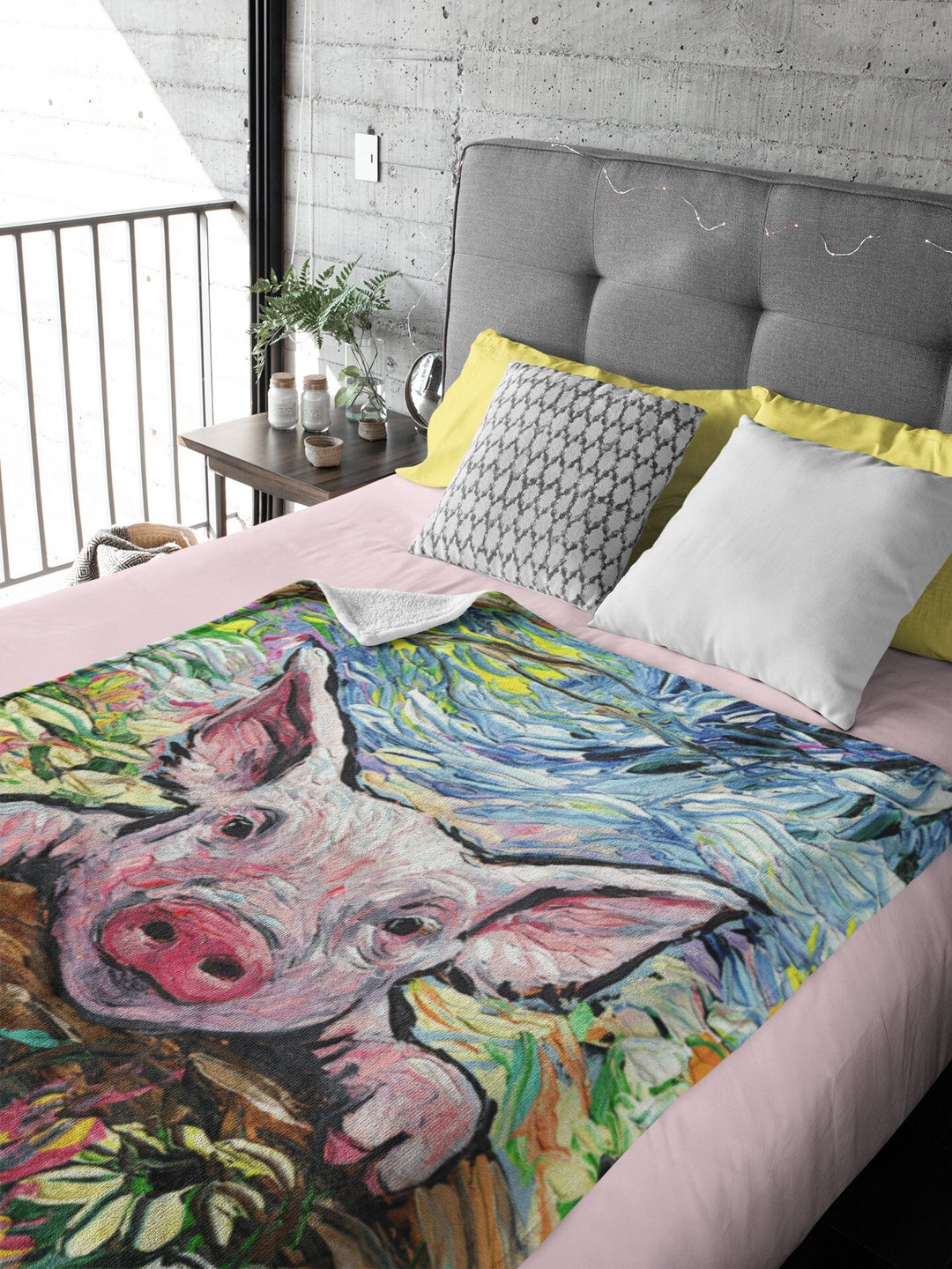 Minky Blanket Cute Baby Pig Piglet and Flowers Farm Animal Art by