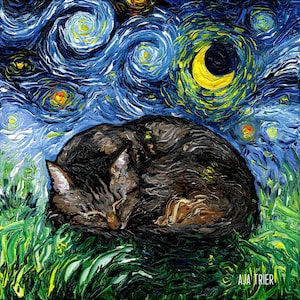 Tabby Cat Starry Night Canvas Print, Whimsical Wall Art