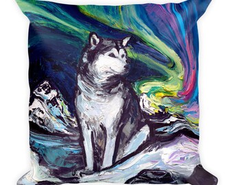 Malamute Dog Lover Northern Lights Basic Throw Pillow Art by Aja home decor 16x16 inches stuffed