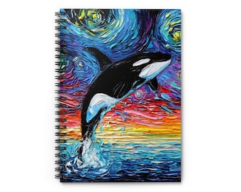 Spiral Notebook  Ruled Line Orca Killer Whale Ocean Starry Night 8x6x.6 inch Journal Stationary Art by Aja Free US Shipping