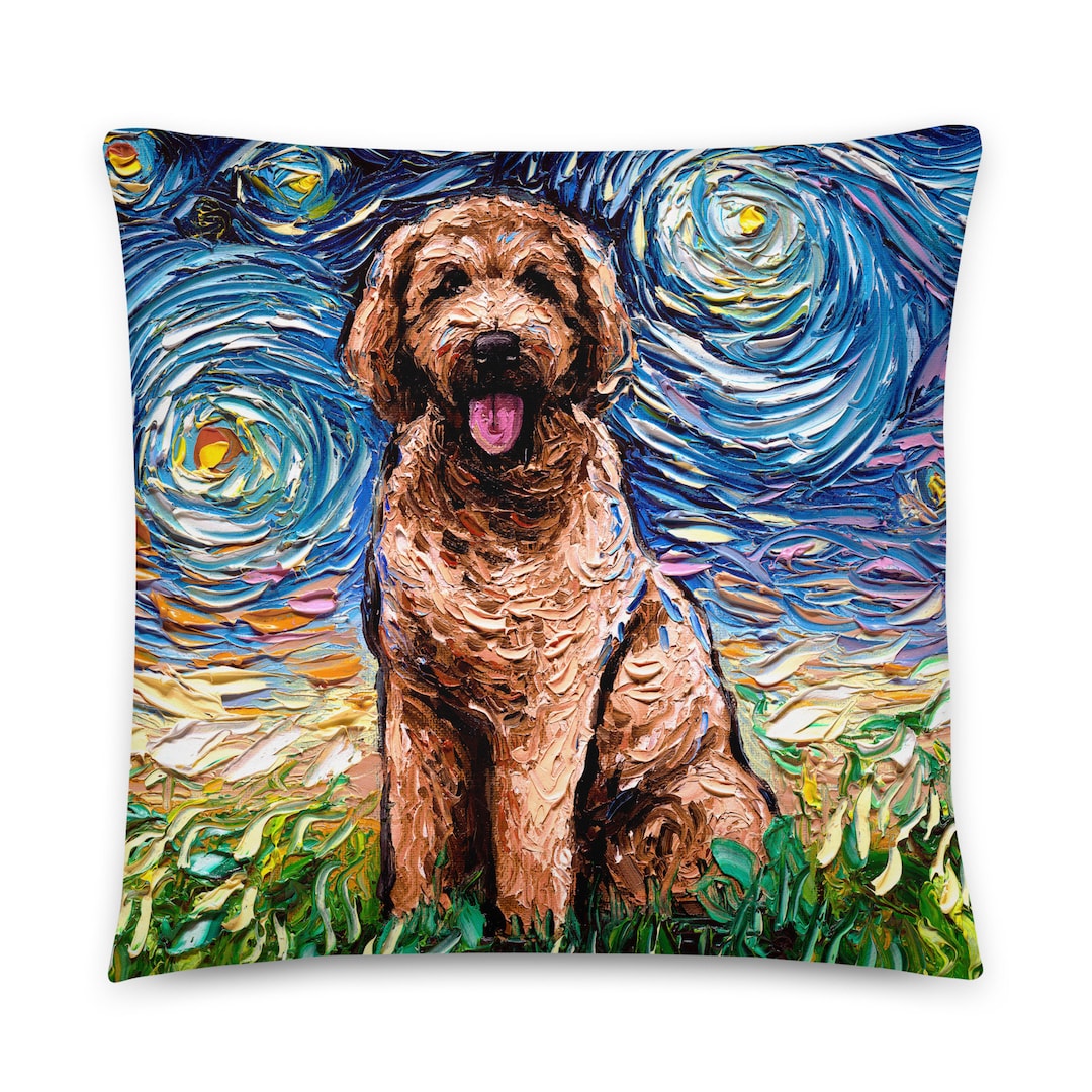 Throw Pillow Red Goldendoodle Dog Starry Night Art by Aja Etsy
