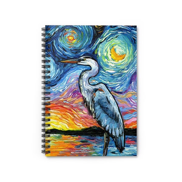 Spiral Notebook - Ruled Line Blue Heron Starry Night Bird Soft Cover 8x6x.6 inch Journal Art by Aja Free shipping